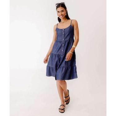 Imagem de Vestido Feminino Jeans Botões Alças Finas Marisa-66092, Jeans azul esc