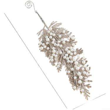 Imagem de Enfeite de árvore de Natal de plástico champanhe com design de pingente de folha de pérola, decoração leve para tema de férias elegante, 15 x 9 cm, 28 x 10 cm, 33 x 8 cm tamanhos