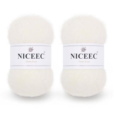 Imagem de NICEEC 2 novelos de fio de mohair de pelo longo, fofo e felpudo, luxuoso e fino, fio de mistura de lã para crochê e tricô, total de 79,9 g/788 m - branco