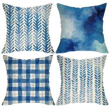 Imagem de Fjfz Conjunto de 4 capas de almofada decorativas abstratas azuis e brancas 45,7 x 45,7 cm, folhas de aquarela, xadrez, varanda de búfalo, decoração de casa, casa de fazenda, botânica, sofá