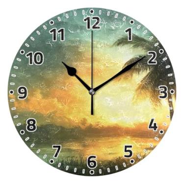 Imagem de WELLDAY Relógio de parede sem tique-taque 25 cm - paisagem ao anoitecer relógio redondo silencioso de quartzo operado por bateria para casa/escritório/cozinha/sala de aula