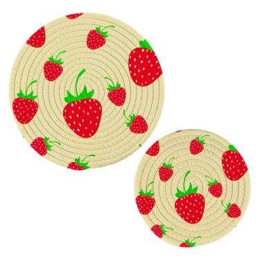 Imagem de Wassud Trivet de morangos com folhas para pratos quentes suportes de panela redondos de algodão almofadas quentes elegantes porta-copos decoração de cozinha e acessórios 2 peças