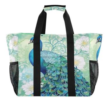 Imagem de Wassud Sacolas de compras reutilizáveis com estampa de pavão aquarela grande bolsa organizadora de lona impermeável para praia, piquenique, lavanderia, viagem