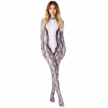 Imagem de GREUS Body feminino de cobra, macacão de pele de cobra, cosplay, fantasia de réptil de Halloween de corpo inteiro, zíper nas costas, elástico