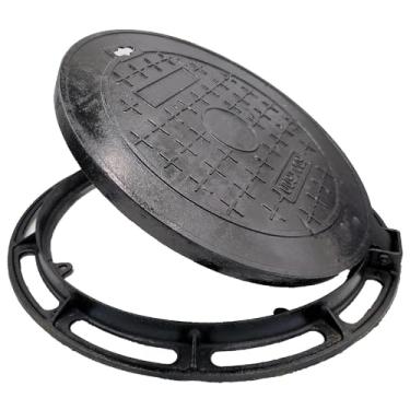 Imagem de DuuMuut Tampa de bueiro de ferro fundido e moldura de 50,8 cm, tampa de tanque séptico preta classe B com base, tampa de pia de esgoto redonda, capa de inspeção de metal resistente para garagem,