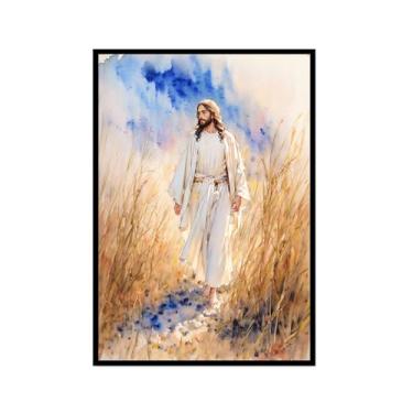 Imagem de Aquarela Jesus Retrato Deus Cristão Arte de Parede Cristo Impressão em Tela Pintura Imagens de Parede para Sala de Estar Decoração de Casa (SKU4,12 x 18 pol. = (30 x 45 cm), Moldura preta)