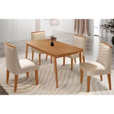 Imagem de Sala Jantar Mesa Havana Tampo Curvo 120cm+4 Cadeiras Maldivas Madeira Naturale - Capuccino/Suede Creme - Rufato