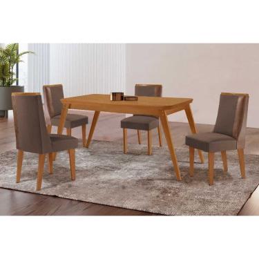 Imagem de Sala Jantar Mesa Havana Tampo Curvo 120cm+4 Cadeiras Tilia Madeira Naturale - Capuccino/Suede Marrom - Rufato
