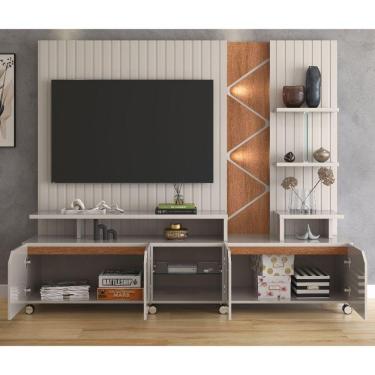 Imagem de Estante Home Cross Para Tv Até 55 Polegadas 4 Portas Prateleiras Luz Led E Rodízio Off White/jequitibá - Lukaliam