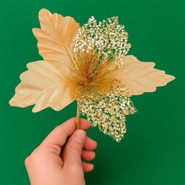 Imagem de Flores Ramo Galho Enfeite árvore Natal Dourado 18cm Kit 4pç