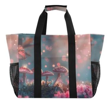 Imagem de ODAWA Bolsa de praia Mom Mushrooms Butterfly Flowers, bolsa de praia dobrável à prova d'água com alças abertas, Cogumelos e borboletas, One Size