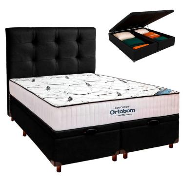 Imagem de Cama Box Baú Preto Com Colchão Casal High Foam Ortobom + Cabeceira