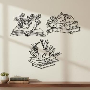 Imagem de Honeydak 3 peças de decoração de parede de metal com flor de gato preto, decoração de parede de metal, escultura suspensa para quarto, estudo, sala de leitura, biblioteca, livraria, sala de aula