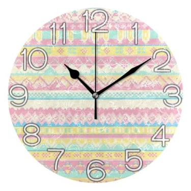 Imagem de Relógio de parede analógico decorativo funky alimentado por bateria relógio de escritório cozinha, decoração de parede moderna sala de estar pixelado rosa pastel listrado, 25 cm, ponteiros pretos