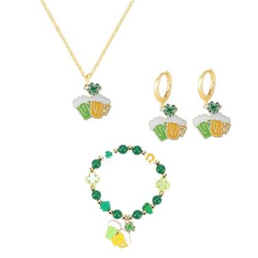Imagem de QLUYCKW Conjunto de brincos e colar de dia de São Patrício para mulheres, trevo verde, trevo, pingente, elegante, chapéu elegante, pulseira elástica com contas da sorte, dia de São Patrício