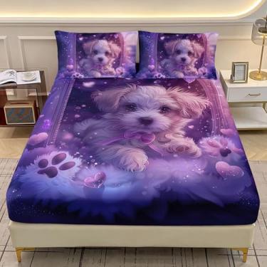 Imagem de AILONEN Jogo de lençol solteiro fofo de cachorrinho - Jogo de lençol infantil com tema de animal de estimação de desenho animado roxo com bolso profundo com 2 fronhas - 3 peças