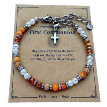 Imagem de DOLON Pulseira de primeira comunhão com contas de 4 mm com pingente de cruz de aço inoxidável, presente de Páscoa para filha, neta, irmã, Medium, Pedra, Sem Pedra Preciosa