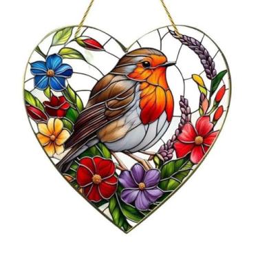 Imagem de 1 enfeite de apanhador de sol de coração de dia dos namorados, apanhadores de sol de primavera, com desenhos de flores de pássaro, enfeites de pendurar para decoração de jardim, presentes de decoração