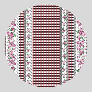 Imagem de Toalha de Mesa Redonda de Plástico Térmico Ø 1,40 Metro com Acabamento (ROSAS COM XADREZ VINHO)