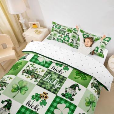 Imagem de Manfei Jogo de capa de edredom infantil do Dia de São Patrício, tamanho Queen, conjunto de cama com trevo da sorte, decoração de quarto, capa de colcha verde, 2 fronhas (sem edredom)