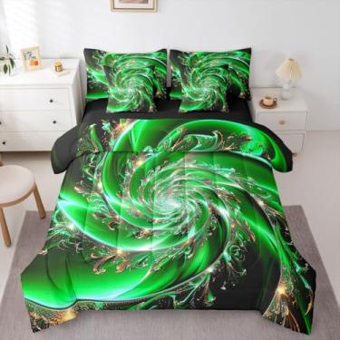 Imagem de Erosebridal Conjunto de edredom para adultos com vórtice de mármore metálico, ouro verde, tamanho queen, 7 peças | Cama estética abstrata em uma bolsa, moderno, floral, listra geométrica
