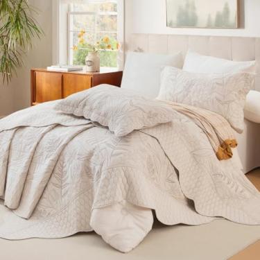 Imagem de Lady Ann Conjunto de colcha King extragrande, 128 x 120, 3 peças, conjunto de colcha de cama com estampa de folhas botânicas, macio, leve, extra grande, colcha de trigo, edredom para todas as estações