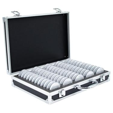 Imagem de SAFECaixa de armazenamento de moedas de liga de alumínio com 60 suportes, serve para 6 tamanhos (20/25/27/30/38/46 mm), estojo organizador de moedas portátil com inserções e juntas de espuma, estojo