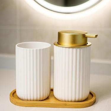 Imagem de Kit Banheiro Lavabo em Cerâmica com Dispenser para Sabonete Líquido e Porta Escova de Dente Decorativo(LUNOR BRANCO)