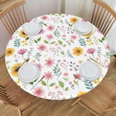 Imagem de Toalha de mesa redonda primavera aquarela rosa floral folha verde amarelo girassol toalha de mesa de fazenda com borda elástica lavável toalha de mesa para cozinha patry decoração ao ar livre, serve
