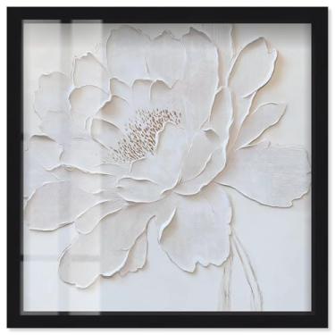 Imagem de White Peony in Relief Shadowbox Print Floral Wall Art por Art Remedy, moldura preta, 43 x 43 cm