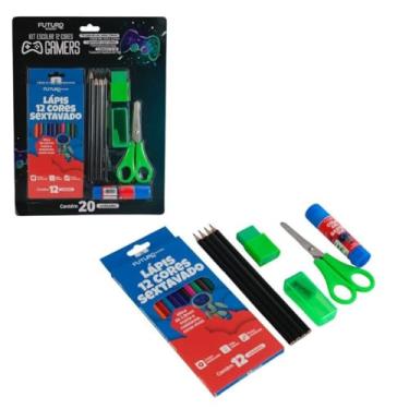 Imagem de Kit Escolar, 20 Peças, Material Escolar Completo com 12 Lápis de Cor Sextavado 1 Tesoura 13cm 1 Cola em Bastão de 10g 1 Borracha com capa 1 Apontador com coletor 4 Lápis HB, 2,2mm