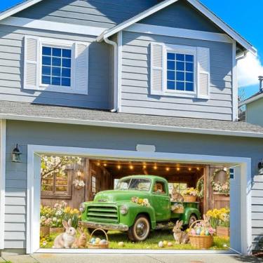 Imagem de Capa de porta de garagem de caminhão de páscoa de 40,6 cm x 1,8 m, banner, flor, coelho, pano de fundo de madeira, porta de celeiro, decoração de porta de garagem, ovos coloridos, fundo de fotografia