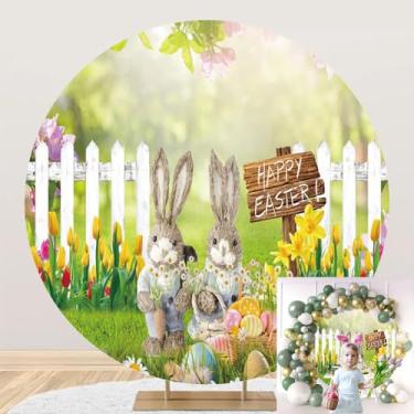 Imagem de OERJU Capa de fundo redonda de páscoa primavera fotografia de páscoa pano de fundo de coelho colorido ovos jardim flor cerca de madeira foto fundo decoração de festa dia de Páscoa círculo arco 2,3 m