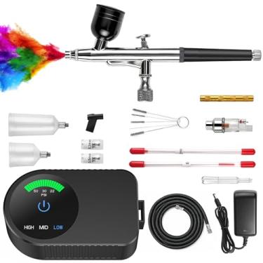 Imagem de KingMiKi Kit de aerógrafo com compressor de ar, escova de ar de alta pressão 22/30/50 PSI sem entupimento com bocal/conjuntos de limpeza de 0,2/0,3/0,5 mm, ideal para pintura, modelagem, decoração de