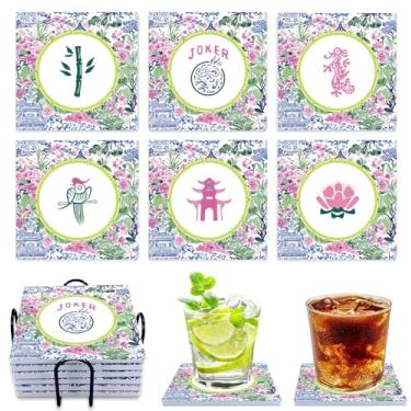 Imagem de SHIYUE Pacote com 6 porta-copos Mahjong com suporte, porta-copos de cerâmica absorvente, presente colorido de Mah Jong para copo Mahj, bebida, jogo de mesa, 10 cm (padrão quadrado pintado)