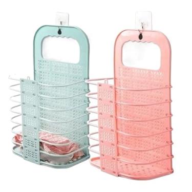 Imagem de Cesto plástico Grande de parede com gancho para Roupa Suja dobrável para lavanderia(ROSA)