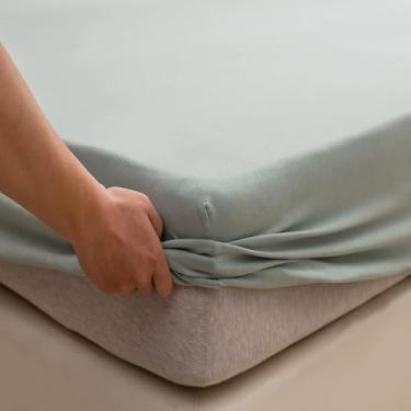 Imagem de PURE ERA Apenas lençol de baixo de algodão de malha jersey (sem lençol de cima ou fronhas) bolso profundo de até 38 cm a 50 cm, ultramacio, confortável, respirável, verde sálvia, casal