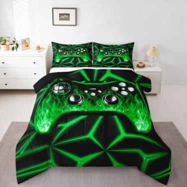 Imagem de Conjunto de edredom para meninos, Queen, verde, videogame, geométrico, 3D, para amantes de jogos, conjunto de edredom infantil com geometria neon