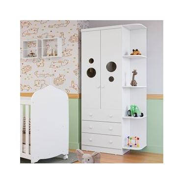 Imagem de Guarda-Roupa Infantil Peroba Duda Plus com 2 Portas, 3 Gavetas, 5 Prateleiras e 86 cm de Largura Branco