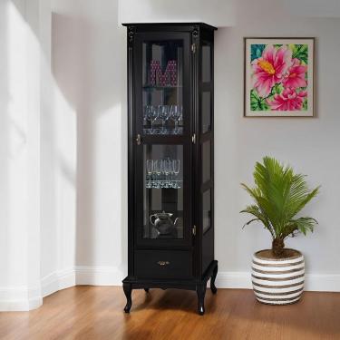 Imagem de Cristaleira Rústica De Madeira 1 Porta 1 Gaveta E Pés Luiz Xv - Preto Laca