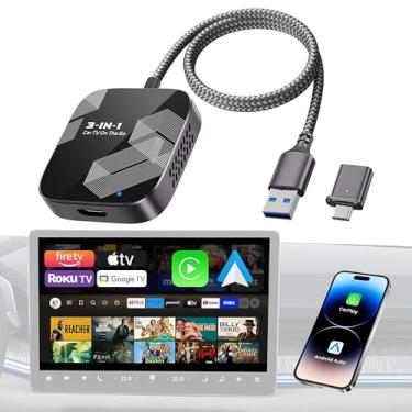 Imagem de Adaptador CarPlay sem fio 3 em 1, carro TV Mate Pro Max 2026 atualizado [capa de metal e vidro] Converte com fio para Apple Car Play/Android Auto ou HDMI para Fire TV Stick, compatível com veículos