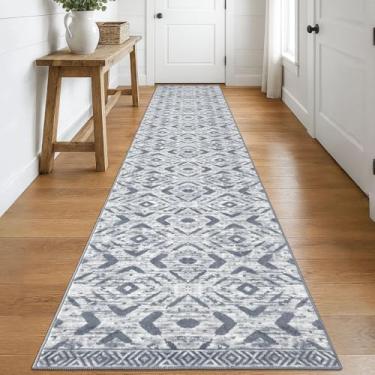 Imagem de KILOCOCO Tapete de corredor de corredor 6 x 40 cm tapete lavável marroquino tapete antiderrapante tapete de entrada tapete longo para quarto, cozinha, sala de estar, banheiro, geométrico, boho, cinza,