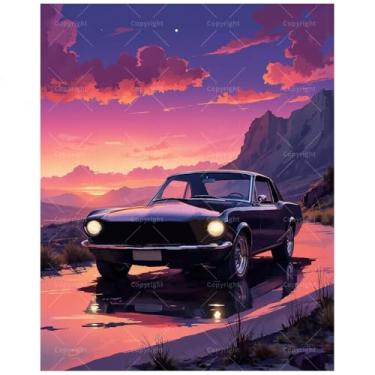 Imagem de Kit de pintura de carro clássico por números do pôr do sol para adultos – Pintura de carro esportivo preto DIY da Mountain Lake em tela 40,6 x 50,8 cm, conjunto de tinta acrílica para iniciantes, arte