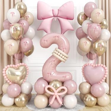 Imagem de 40 Inch Dusty Pink Balloon Number 2, Blush Pink Gold Beige Latex Balloons 2nd Birthday Decorations with Bow Heart Foil Balloon Ribbon Bow for Girls Boho Two Year Old Birthday Anniversary Party Decor