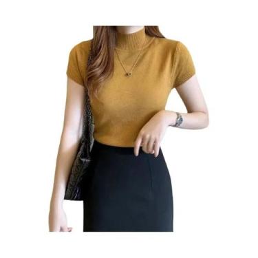 Imagem de Camiseta Feminina De Manga Curta Com Gola Alta Em Cor Sólida Top De Ve