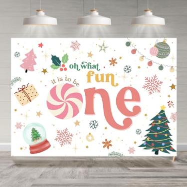 Imagem de Rsuuinu Pano de fundo de Natal 1º aniversário Oh What Fun It is to Be One Winter Xmas Candy Photography Background Decorações de festa de primeiro aniversário, banner de mesa de bolo, suporte de