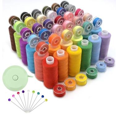Imagem de Kit de linha de costura 123 peças, 36 cores, 400 metros por carretel de linha de poliéster com 36 bobinas da mesma cor, 50 pinos retos de costura e 1 fita métrica retrátil para costura à máquina