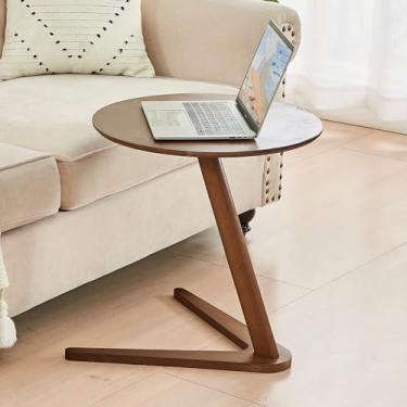 Imagem de MYOTA Mesa lateral, sala de estar, mesa de canto lateral de madeira, mesa de cabeceira de madeira maciça, bandeja de TV redonda em forma de C, mesas de canto modernas para sofá, escritório, quarto