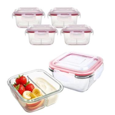 Imagem de Kit 4 Potes De Vidro Tampa Hermético 2 Divisórias Marmita Fit 4 Travas