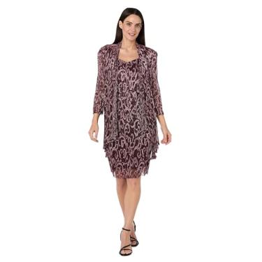Imagem de R&M Richards Vestido feminino plissado de malha com revestimento espanador metálico - Conjunto de duas peças para noite e coquetéis, Merlot/rosa, 52